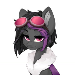 Size: 1280x1280 | Tagged: safe, artist:shooshaa, derpibooru import, oc, oc only, oc:mimicry, pony, bust, eyebrows, eyebrows visible through hair, female, goggles, goggles on head, mare, portrait, purple changeling, simple background, solo, white background