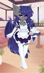 Size: 785x1280 | Tagged: safe, artist:shooshaa, derpibooru import, oc, oc only, oc:dusk rhine, anthro, bat pony, unguligrade anthro, bat wings, cake, clothes, cup, eye clipping through hair, eyebrows, eyebrows visible through hair, female, food, maid, serving tray, socks, solo, teacup, teapot, thigh highs, wings