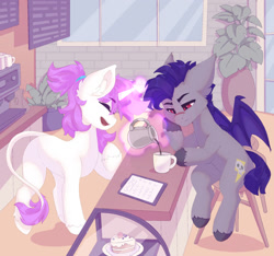 Size: 1280x1199 | Tagged: safe, artist:shooshaa, derpibooru import, oc, oc only, oc:bubblegum, oc:thunder run, bat pony, pony, unicorn, cake, coffee, coffee mug, coffee shop, commission, duo, female, food, horn, leonine tail, magic, male, mare, mug, pouring, scar, sitting, slit eyes, stallion, tail, telekinesis, unshorn fetlocks