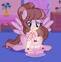 Size: 1220x1242 | Tagged: safe, artist:cstrawberrymilk, derpibooru import, oc, oc only, oc:strawberry milk, pegasus, pony, bangs, base used, birthday, birthday art, birthday cake, blue eyes, brown mane, brown tail, cake, candle, candlelight, coat markings, colored hooves, cream coat, dark room, ear piercing, eyelashes, facial markings, female, female oc, food, hooves, indoors, lonely, long mane, mare, mare oc, neckerchief, pegasus oc, piercing, ponytail, sad smile, screencap background, show accurate, smiling, snip (coat marking), solo, spread wings, strawberry cake, tail, two toned mane, two toned tail, wings, yellow hooves