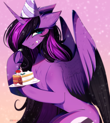 Size: 4322x4830 | Tagged: safe, artist:krissstudios, derpibooru import, oc, alicorn, pony, absurd resolution, cake, concave belly, female, food, hat, large wings, mare, party hat, slender, solo, thin, wings