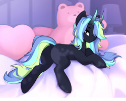 Size: 2149x1715 | Tagged: safe, artist:shooshaa, derpibooru import, oc, oc only, pony, bed, commission, female, hair over one eye, horns, lying down, mare, pillow, plushie, prone, solo, teddy bear