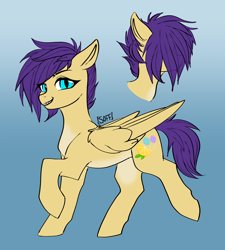 Size: 1884x2092 | Tagged: safe, artist:soff, derpibooru import, oc, oc only, oc:lemon party, pegasus, pony, cutie mark, cyan eyes, female, folded wings, gradient background, mare, pegasus oc, purple mane, reference sheet, short mane, slit eyes, solo, walking, wings, yellow coat