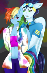 Size: 781x1200 | Tagged: safe, artist:frost flame, derpibooru import, rainbow dash, soarin', anthro, pegasus, pony, fanfic:rainbow factory, belly, belly button, fanfic art, female, male, mare, midriff, shipping, soarindash, stallion, straight