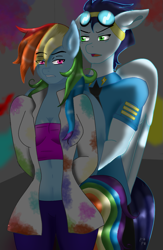 Size: 781x1200 | Tagged: safe, artist:frost flame, derpibooru import, rainbow dash, soarin', anthro, pegasus, pony, fanfic:rainbow factory, belly, belly button, fanfic art, female, male, mare, midriff, shipping, soarindash, stallion, straight