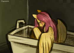 Size: 2266x1626 | Tagged: safe, artist:toondra, derpibooru import, fluttershy, anthro, pegasus, bathtub, female, sitting, solo