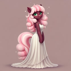 Size: 1024x1024 | Tagged: safe, ai content, derpibooru import, machine learning generated, cheerilee, earth pony, semi-anthro, g4, arm hooves, female, generator:google imagen 3.0, prompter:zerowinger, simple background, smiling, solo, white dress