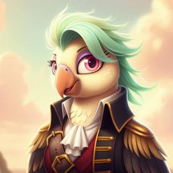 Size: 1024x1024 | Tagged: safe, ai content, derpibooru import, machine learning generated, captain celaeno, bird, parrot, g4, bust, clothes, female, generator:google imagen 3.0, jabot, justacorps, opencoat, parrot pirates, pirate, portrait, prompter:zerowinger, shirt, solo, waistcoat, white shirt