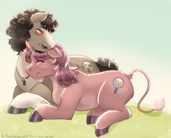 Size: 2100x1700 | Tagged: safe, artist:misscinnabunnie, derpibooru import, oc, oc only, earth pony, pony, unicorn, beard, blushing, drool, duo, facial hair, female, horn, horn ring, jewelry, leonine tail, lying down, male, mare, moustache, necklace, oc x oc, outdoors, prone, ring, shipping, sleeping, stallion, straight, tail, unshorn fetlocks