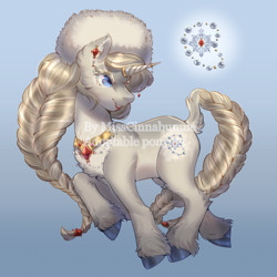 Size: 1020x1020 | Tagged: safe, artist:misscinnabunnie, derpibooru import, oc, oc only, pony, unicorn, adoptable, braid, braided tail, chest fluff, ear piercing, earring, female, hat, horn, horn jewelry, horn ring, jewelry, mare, necklace, obtrusive watermark, peytral, piercing, reference sheet, ring, tail, unshorn fetlocks, watermark