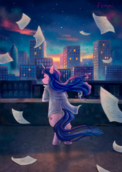 Size: 2186x3092 | Tagged: safe, artist:fomminator, derpibooru import, twilight sparkle, unicorn twilight, pony, unicorn, bipedal, city, cityscape, clothes, eyes closed, fanfic art, female, lab coat, mare, paper, skyline, solo, windswept mane