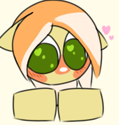 Size: 735x771 | Tagged: safe, artist:victoria_nik, derpibooru import, oc, oc only, oc:melting cocktail, earth pony, pony, big eyes, blushing, colored sketch, doodle, female, green eyes, heart, hooves, looking at something, mare, no mouth, simple, simple background, sketch, solo