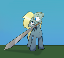 Size: 599x543 | Tagged: safe, artist:cotarsis, derpibooru import, earth pony, pony, angry, looking at you, smol, solo, sword, two toned background, weapon