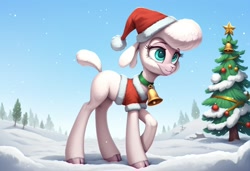 Size: 2104x1440 | Tagged: safe, ai content, derpibooru import, machine learning generated, pom lamb, them's fightin' herds, bell, bell collar, christmas, christmas tree, collar, community related, hat, holiday, outdoors, prompter:cypher, santa hat, snow, solo, tree