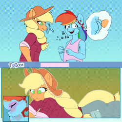 Size: 2000x2000 | Tagged: safe, artist:luanbang, derpibooru import, applejack, rainbow dash, anthro, g4, appledash, black eye, bruised, female, implied abuse, lesbian, meme, neck bruise, shipping