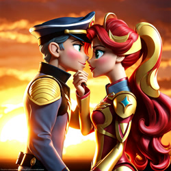 Size: 1024x1024 | Tagged: safe, ai content, derpibooru import, editor:jdueler11, machine learning generated, flash sentry, sunset shimmer, equestria girls, g4, cute, female, flashimmer, male, shimmerbetes, shipping, straight, sunsass shimmer, warrior shimmer