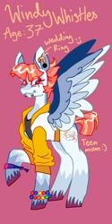 Size: 1026x2048 | Tagged: safe, artist:whimday, derpibooru import, windy whistles, pegasus, pony, g4, alternate design, bracelet, clothes, ear piercing, earring, female, jacket, jewelry, lip piercing, mare, piercing, snake bites, solo, spread wings, unshorn fetlocks, wings