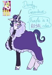 Size: 1431x2048 | Tagged: safe, artist:whimday, derpibooru import, dandy grandeur, pony, unicorn, g4, alternate design, bowtie, cloak, clothes, cloven hooves, dialogue, facial hair, horn, male, moustache, screencap reference, solo, speech bubble, stallion