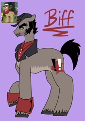 Size: 1431x2048 | Tagged: safe, artist:whimday, derpibooru import, biff, earth pony, pony, g4, alternate design, cuffs (clothes), facial hair, hat, henchmen, male, screencap reference, shirtless shirt collar, sideburns, solo, stallion