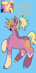 Size: 1026x2048 | Tagged: safe, artist:whimday, derpibooru import, sunshine smiles, pony, unicorn, g4, alternate design, cloven hooves, female, freckles, horn, mare, screencap reference, solo