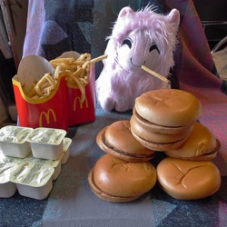 Size: 2991x2993 | Tagged: safe, derpibooru import, oc, oc:fluffle puff, burger, date, female, food, french fries, irl, mare, mcdonald's, photo, plushie, restaurant, yummy