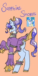 Size: 1026x2048 | Tagged: safe, artist:whimday, derpibooru import, sapphire shores, earth pony, pony, g4, alternate design, bow, choker, clothes, dress, female, hair bow, mare, screencap reference, solo