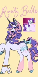 Size: 1026x2048 | Tagged: safe, artist:whimday, derpibooru import, rarity, pony, unicorn, g4, alternate design, bow, ear piercing, earring, female, horn, horn ring, jewelry, mare, necklace, piercing, ring, screencap reference, solo, tail, tail bow, wristband