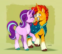 Size: 2587x2255 | Tagged: safe, artist:birdoffnorth, derpibooru import, starlight glimmer, sunburst, pony, unicorn, g4, blaze (coat marking), blushing, cloak, clothes, coat markings, facial hair, facial markings, female, floating heart, glasses, goatee, heart, holding hooves, horn, loving gaze, male, mare, pale belly, robe, shipping, socks (coat marking), stallion, starburst, straight, sunburst's cloak, sunburst's glasses, unshorn fetlocks