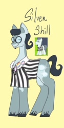 Size: 1026x2048 | Tagged: safe, artist:whimday, derpibooru import, silver shill, earth pony, pony, g4, alternate design, clothes, facial hair, glasses, goatee, male, pride, pride flag, screencap reference, shirt, solo, stallion, transgender pride flag