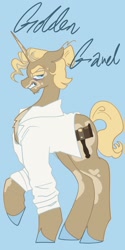 Size: 1026x2048 | Tagged: safe, artist:whimday, derpibooru import, golden gavel, vance van vendington, pony, unicorn, g4, alternate design, anatomically incorrect, chest fluff, clothes, horn, incorrect leg anatomy, male, shirt, solo, stallion