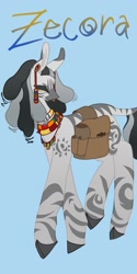 Size: 1026x2048 | Tagged: safe, artist:whimday, derpibooru import, zecora, zebra, g4, alternate design, bag, ear piercing, earring, female, jewelry, necklace, piercing, saddle bag, solo