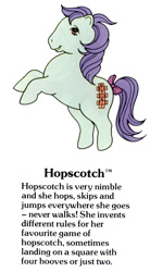 Size: 550x1000 | Tagged: safe, derpibooru import, hopscotch, earth pony, pony, g1, bow, cute, female, g1 backstory, hooves, hopscawwtch, mare, my little pony fact file, official, open mouth, open smile, rearing, smiling, solo, tail, tail bow, text