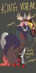 Size: 1026x2048 | Tagged: safe, artist:whimday, derpibooru import, king vorak, centaur, taur, g4, anatomically incorrect, beard, clothes, cloven hooves, corrupted, facial hair, incorrect leg anatomy, jewelry, magic, male, peytral, regalia, solo