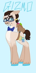 Size: 1026x2048 | Tagged: safe, artist:whimday, derpibooru import, gizmo, earth pony, pony, g4, acne, alternate design, backpack, bowtie, bucktooth, facial hair, glasses, male, shirtless shirt collar, solo, stallion, unshorn fetlocks