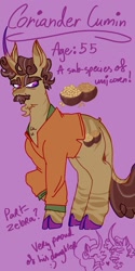 Size: 1026x2048 | Tagged: safe, artist:whimday, derpibooru import, coriander cumin, saffron masala, pony, unicorn, g4, alternate design, anatomically incorrect, beard, clothes, cloven hooves, curved horn, facial hair, female, goatee, horn, incorrect leg anatomy, leonine tail, male, mare, shirt, solo focus, stallion, tail