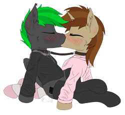 Size: 6314x5798 | Tagged: safe, artist:al solae, derpibooru import, oc, oc only, oc:bytewave, oc:caramel sweet, pegasus, pony, unicorn, blushing, cheek fluff, clothes, collar, duo, duo male, ear blush, ear fluff, ears, eyes closed, gay, hoodie, horn, kissing, leash, male, pegasus oc, simple background, socks, stallion, thigh highs, transparent background, underhoof, unicorn oc