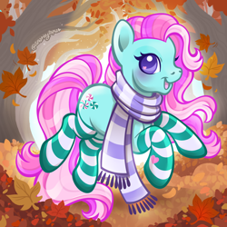 Size: 2400x2400 | Tagged: safe, artist:sparkytopia, derpibooru import, minty, earth pony, pony, g3, autumn, blushing, clothes, female, leaves, looking at you, mare, open mouth, open smile, outdoors, pink mane, purple eyes, scarf, signature, smiling, socks, solo, striped scarf, striped socks, teal coat, ych example, your character here