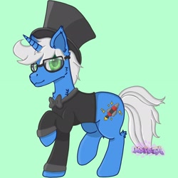 Size: 2048x2048 | Tagged: safe, derpibooru import, oc, oc only, oc:starstruck expanse, pony, unicorn, blue coat, clothes, digital art, glasses, green eyes, horn, rocket, smiling, suit, white mane