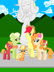 Size: 1536x2048 | Tagged: safe, artist:lnx1ynight16, derpibooru import, apple bloom, applejack, big macintosh, bright mac, granny smith, pear butter, oc, oc:esperanza, earth pony, original species, pony, g4, apple family, baby, baby pony, family photo, foal, land overlander, looking at you, mountain, mountain range, overland, overlander, pavement, sidewalk, smiling, smiling at you, statue, tropical