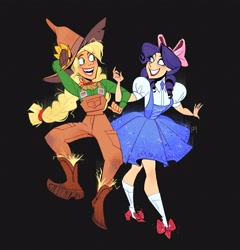 Size: 2713x2823 | Tagged: safe, artist:polochka_art, derpibooru import, applejack, rarity, sunflower spectacle, human, g4, alternate hairstyle, black background, blushing, boots, bow, clothes, coat markings, cosplay, costume, crossover, dorothy gale, dress, duo, duo female, ear piercing, earring, eyeshadow, female, freckles, grin, hair bow, hat, humanized, jewelry, lesbian, lipstick, looking at each other, looking at someone, makeup, open mouth, overalls, piercing, rarijack, ruby slippers, scarecrow, shipping, shoes, simple background, smiling, socks (coat marking), stockings, straw, straw hat, sweater, the scarecrow (oz), the wizard of oz, thigh highs