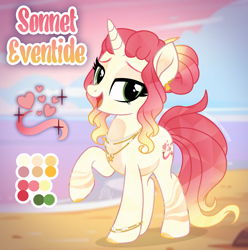 Size: 2091x2104 | Tagged: safe, artist:lovinglypromise, derpibooru import, oc, oc only, oc:sonnet eventide, crystal pony, pony, unicorn, beach, bracelet, cloven hooves, color palette, colored hooves, dark belly, female, gradient mane, gradient tail, green eyes, hair bun, hooves, horn, jewelry, leg stripes, lidded eyes, mare, necklace, open mouth, open smile, raised hh, raised hoof, raised leg, reference sheet, smiling, solo, standing, stripes, tail, unicorn oc