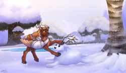 Size: 1280x741 | Tagged: safe, artist:malinraf1615, derpibooru import, oc, oc:leafy skies, deer, deer pony, original species, peryton, bandage, snow, snowdeer, solo, tree