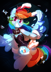 Size: 2550x3600 | Tagged: safe, artist:pakmur, derpibooru import, rainbow dash, pegasus, pony, g4, bunny ears, bunny suit, butt, clothes, female, grin, looking at you, mare, plot, smiling, smiling at you, solo, stars, stockings, tail, thigh highs