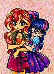 Size: 1340x1838 | Tagged: safe, artist:dariarchangel, derpibooru import, sci-twi, sunset shimmer, twilight sparkle, human, equestria girls, g4, adorable face, arm in arm, bangs, bare shoulders, black eyeshadow, black lipstick, bow, choker, clothes, couple, cute, cute face, cute smile, cutie mark on clothes, daaaaaaaaaaaw, doodle, duo, duo female, ear piercing, earring, eyeshadow, female, geode of empathy, glasses, heart, high ponytail, hnnng, hug, human coloration, in love, jewelry, lesbian, lipstick, long hair, looking at each other, looking at someone, looking down, loving gaze, magical geodes, makeup, multicolored hair, necklace, piercing, pocket, pretty, puffy sleeves, sci-twiabetes, sci-twishimmer, shimmerbetes, shipping, shirt, shy, shy smile, skirt, smiling, smiling at each other, spikes, sunset shimmer's skirt, sunsetsparkle, sweet dreams fuel, traditional art, twiabetes, two toned hair, weapons-grade cute