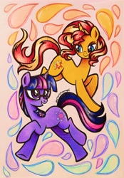 Size: 2164x3112 | Tagged: safe, artist:dariarchangel, derpibooru import, sci-twi, sunset shimmer, twilight sparkle, pony, unicorn, :d, blushing, c:, color contrast, cute, doodle, duo, duo female, female, horn, in the air, lesbian, lidded eyes, looking at each other, looking at someone, multicolored hair, multicolored mane, multicolored tail, open mouth, open smile, opposites attract, orange coat, purple coat, purple eyes, purple smart, raised hoof, raised leg, sci-twiabetes, sci-twishimmer, shimmerbetes, shipping, smiling, sunsetsparkle, tail, traditional art, twiabetes, two toned hair, two toned mane, two toned tail, unicorn sci-twi, windswept hair, windswept mane, windswept tail