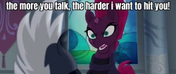 Size: 1920x804 | Tagged: safe, derpibooru import, edit, edited screencap, screencap, grubber, tempest shadow, pony, unicorn, g4, my little pony: the movie, angry, armor, broken horn, caption, duo, eye scar, facial scar, faic, horn, image macro, reaction image, scar, shadow the hedgehog, sonic the hedgehog (series), sonic the hedgehog 3 (film), stained glass, text