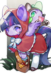 Size: 1181x1748 | Tagged: safe, artist:puzi, derpibooru import, spike, twilight sparkle, twilight sparkle (alicorn), alicorn, dragon, pony, g4, animal costume, apple, baguette, basket, bread, clothes, cosplay, costume, crossover, cute, duo, female, food, little red riding hood, male, mare, no pupils, open mouth, simple background, spikabetes, transparent background, twiabetes, wolf costume