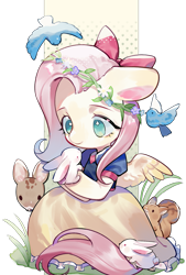 Size: 1181x1748 | Tagged: safe, artist:puzi, derpibooru import, fluttershy, bird, pegasus, pony, rabbit, squirrel, g4, animal, bow, clothes, crossover, cute, dress, ears, fawn, female, floppy ears, floral head wreath, flower, hair bow, looking at something, mare, no pupils, princess, shyabetes, simple background, sitting, snow white, solo, spread wings, three quarter view, transparent background, wings