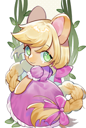 Size: 1181x1748 | Tagged: safe, artist:puzi, derpibooru import, applejack, earth pony, pony, semi-anthro, g4, arm hooves, beautiful, blonde, bow, braid, clothes, cosplay, costume, crossover, cute, dress, female, hair bow, hatless, jackabetes, long mane, looking at you, mare, missing accessory, no pupils, princess, puffy sleeves, rapunzel, simple background, solo, transparent background, vine