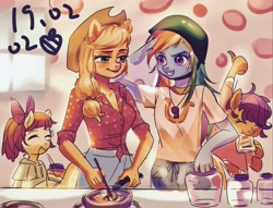 Size: 2615x2000 | Tagged: safe, artist:卯卯七, derpibooru import, apple bloom, applejack, rainbow dash, scootaloo, anthro, earth pony, g4, adorabloom, apple, appledash, cute, cutealoo, female, food, jam, lesbian, shipping, zap apple, zap apple jam